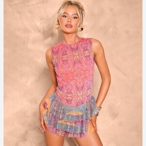 Pretty Little Thing Multi- Patchwork Rara Playsuit NWT